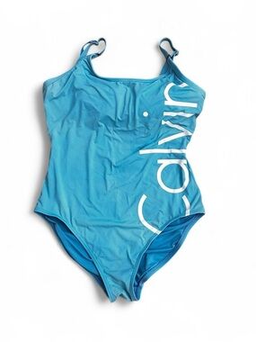 Calvin Klein blue one-piece swimsuit, adjustable straps, removable pad logo Sz12